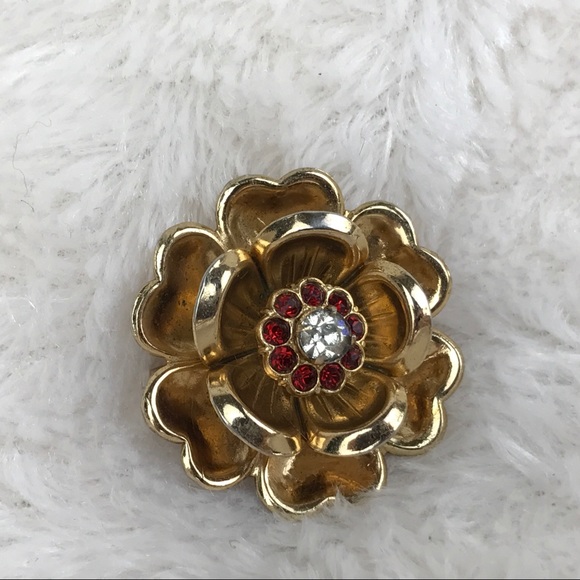 Vtg Coro Gold Tone Flower Pin Red Rhinestone Small - Picture 2 of 12